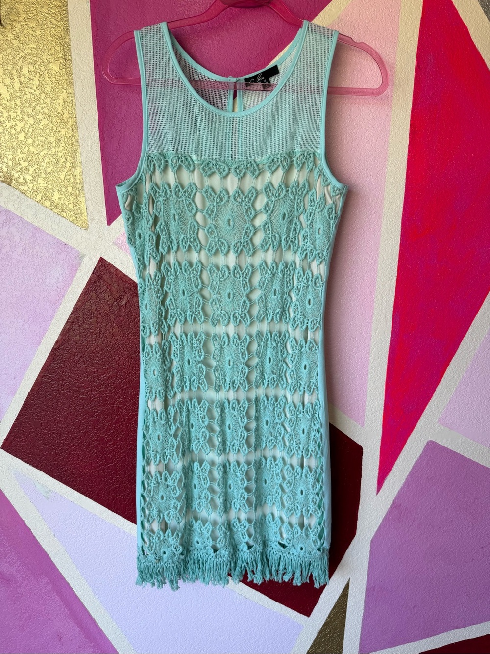 Boho Mermaidcore Sleeveless Mint Crochet Fringe Mini Dress